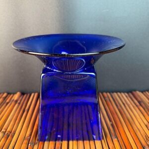 Cobalt Blue Art Glass Handblown Vase or  Candle holder unique wide rim 5.5" tall